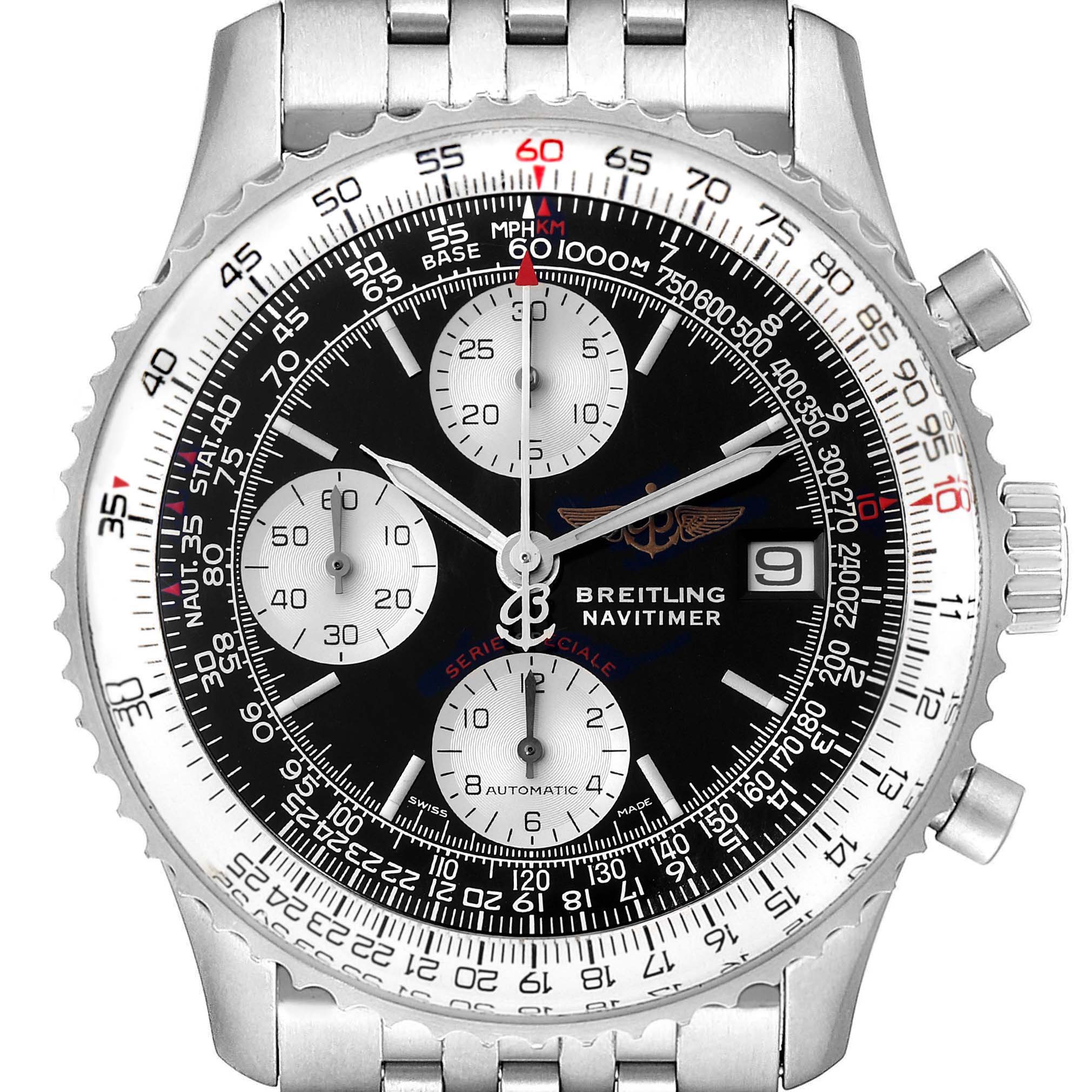 The image shows a front view of a Breitling Navitimer A13330 Men's Stainless Steel Black Dial A13330 Men's Stainless Steel Black Dial watch with a focus on the face, bezel, and part of the stainless steel band.