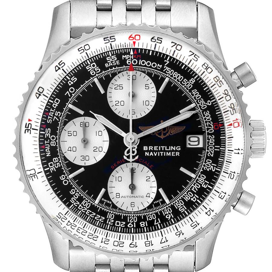 The image shows a front view of a Breitling Navitimer A13330 Men's Stainless Steel Black Dial A13330 Men's Stainless Steel Black Dial watch with a focus on the face, bezel, and part of the stainless steel band.