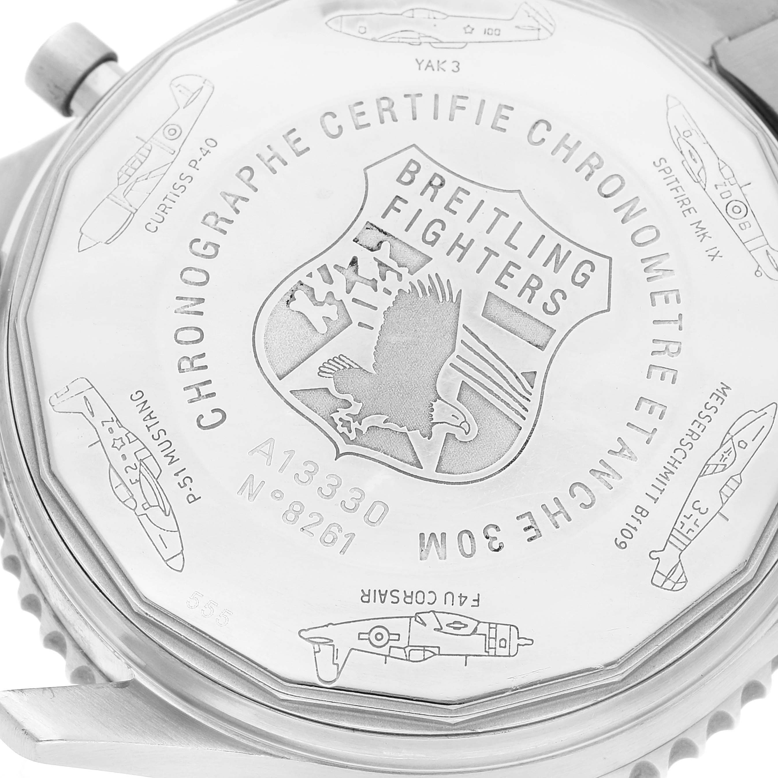 The image shows the back case of a Breitling Navitimer A13330 Men's Stainless Steel Black Dial A13330 Men's Stainless Steel Black Dial watch, featuring engravings and brand markings.