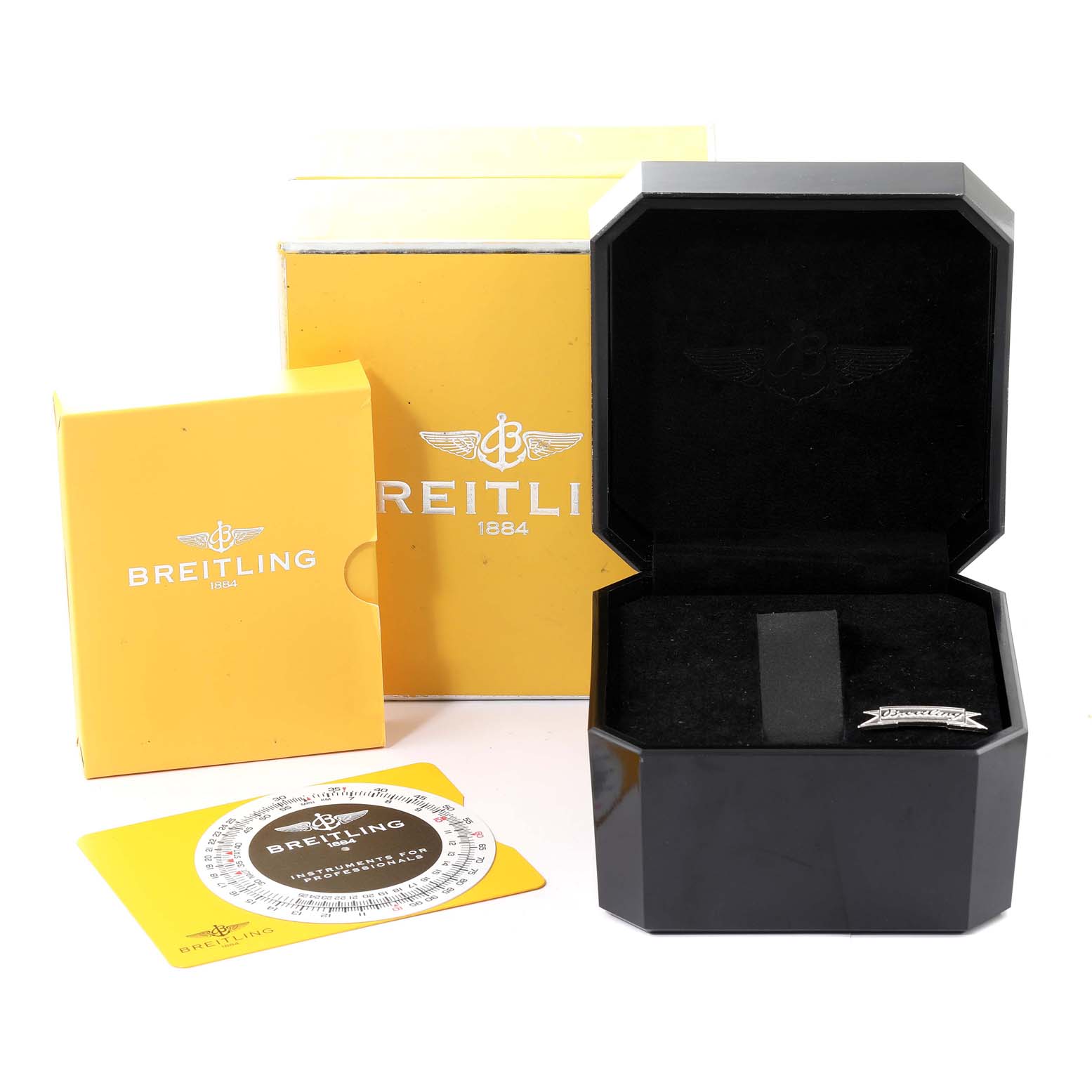 The image shows the packaging box, inner case, and documentation for a Breitling Navitimer A13330 Men's Stainless Steel Black Dial A13330 Men's Stainless Steel Black Dial watch.