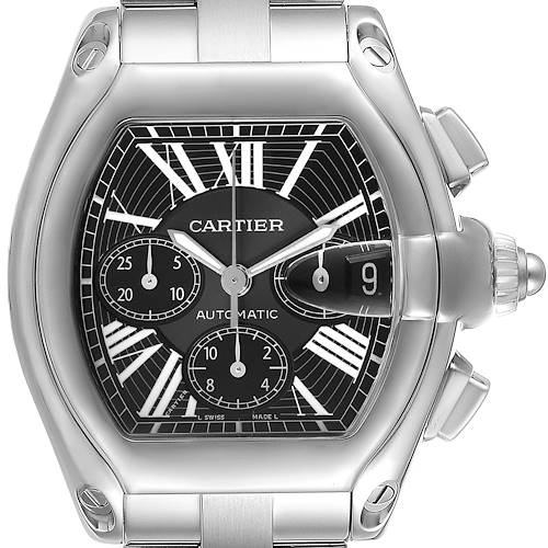 This image shows a close-up front view of the Cartier Roadster W62020X6 Men's Stainless Steel Black Dial W62020X6 Men's Stainless Steel Black Dial watch, displaying the dial and part of the bracelet.