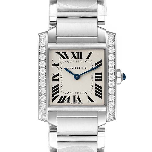 The image shows a frontal view of the Cartier Tank Francaise W4TA0009 Women's Stainless Steel Silver Dial W4TA0009 Women's Stainless Steel Silver Dial watch, featuring its rectangular face, Roman numerals, and metal band.