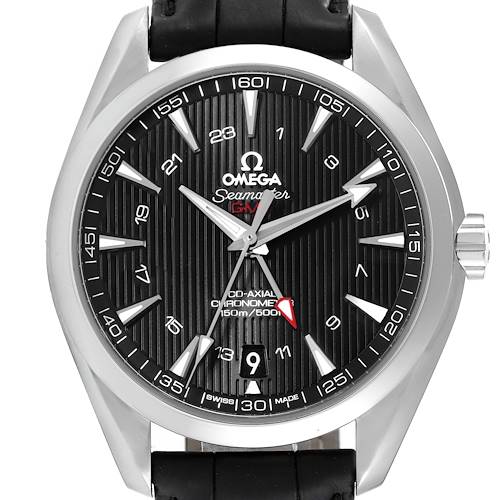 The image shows a front view of the Omega Aqua Terra 231.13.43.22.01.001 Men's Stainless Steel Black Dial 231.13.43.22.01.001 Men's Stainless Steel Black Dial watch, highlighting its black dial, silver hands, and black leather strap.