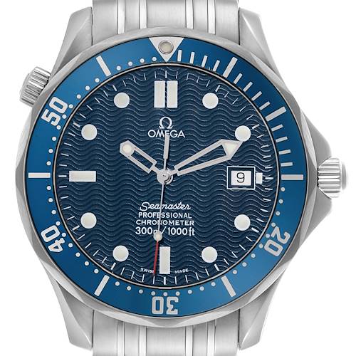 The Omega Seamaster 2531.80.00 Men's Stainless Steel Blue Dial 2531.80.00 Men's Stainless Steel Blue Dial watch is shown from a front angle, displaying the face, bezel, and part of the bracelet.