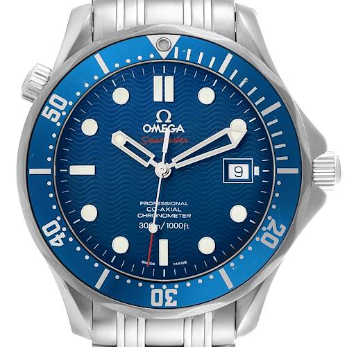 The Omega Seamaster 2220.80.00 Men's Stainless Steel Blue Dial 2220.80.00 Men's Stainless Steel Blue Dial watch is shown from the front, displaying the dial, bezel, and part of the bracelet.