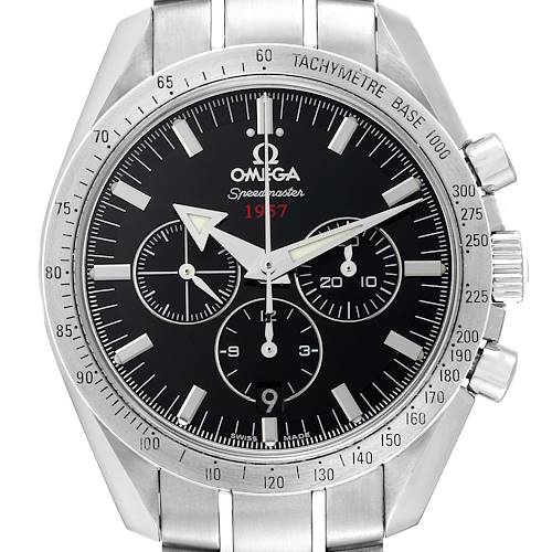 The image shows a close-up view of the Omega Speedmaster 321.10.42.50.01.001 Men's Stainless Steel Black Dial 321.10.42.50.01.001 Men's Stainless Steel Black Dial 1957 watch, highlighting the dial, bezel, and part of the bracelet.