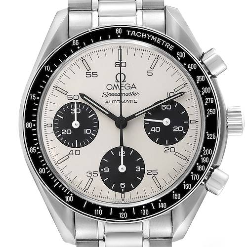 The image shows a frontal view of the Omega Speedmaster 3510.21.00 Men's Stainless Steel Silver Dial 3510.21.00 Men's Stainless Steel Silver Dial watch, highlighting its dial, bezel, and stainless steel bracelet.