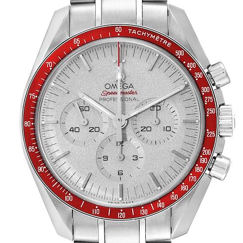 The image shows a front view of the Omega Speedmaster 522.30.42.30.06.001 Men's Stainless Steel Silver Dial 522.30.42.30.06.001 Men's Stainless Steel Silver Dial watch, highlighting its dial, chronograph subdials, and tachymeter bezel.