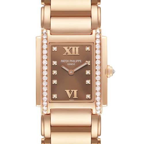 The image shows a front view of the Patek Philippe Twenty-4 4910/11 Women's Rose Gold Brown Dial 4910/11 Women's Rose Gold Brown Dial model watch, highlighting its dial, bezel, and portions of the bracelet.