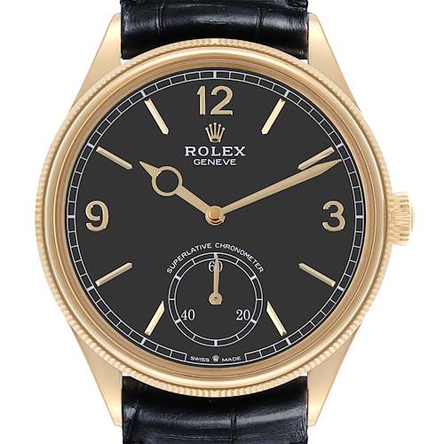 The Rolex 1908 52508-0002 Men's Yellow Gold Black Dial 52508-0002 Men's Yellow Gold Black Dial model is shown from the front, highlighting the watch face, bezel, crown, and part of the strap.