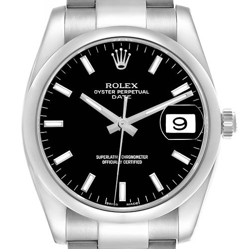 The Rolex Date 115200 Men's Stainless Steel Black Dial 115200 Men's Stainless Steel Black Dial watch is shown from a front angle, highlighting its black dial, silver markers, date window, and crown.