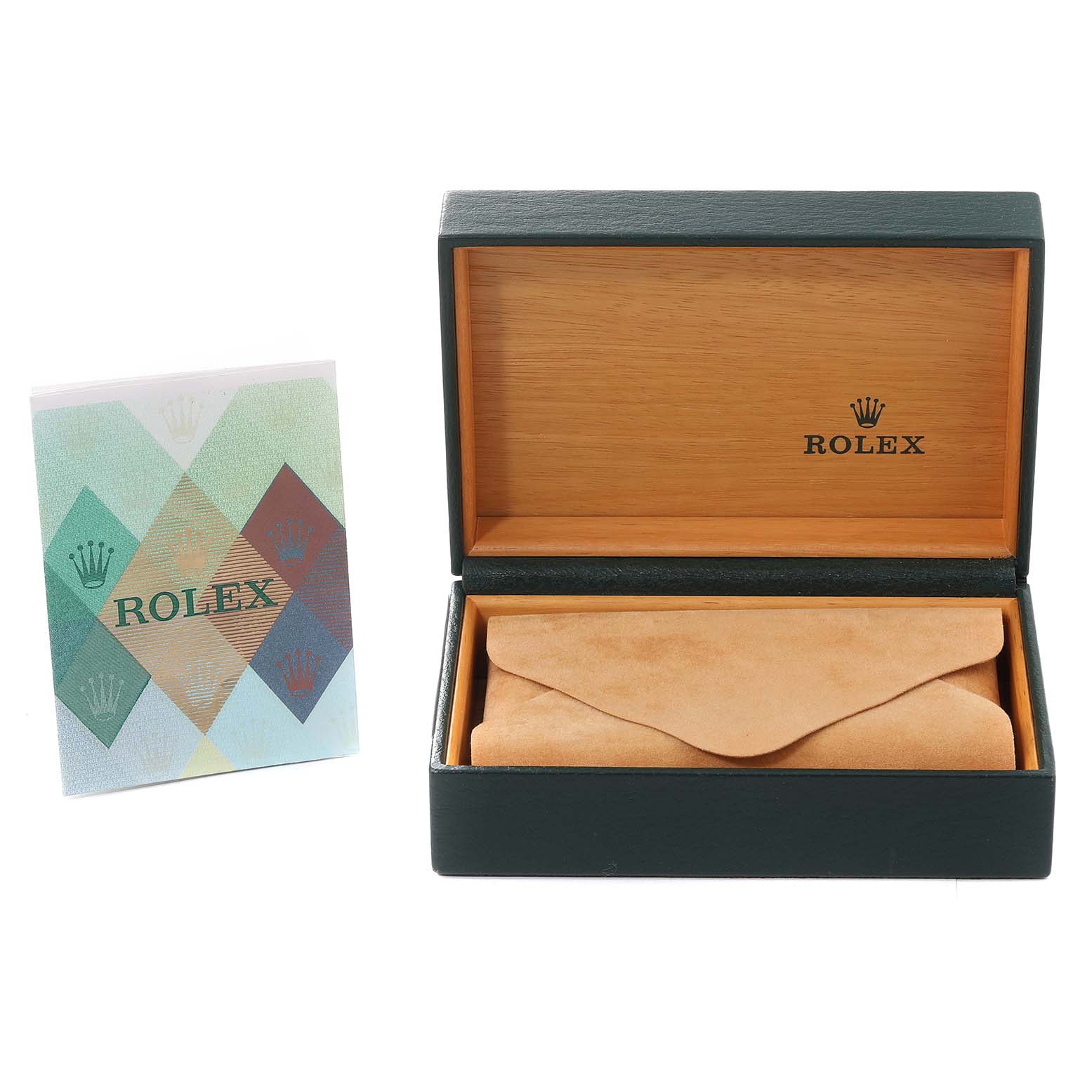 This image shows an open Rolex watch box and a booklet for a Rolex Date 15210 Men's Stainless Steel Blue Dial 15210 Men's Stainless Steel Blue Dial model watch.