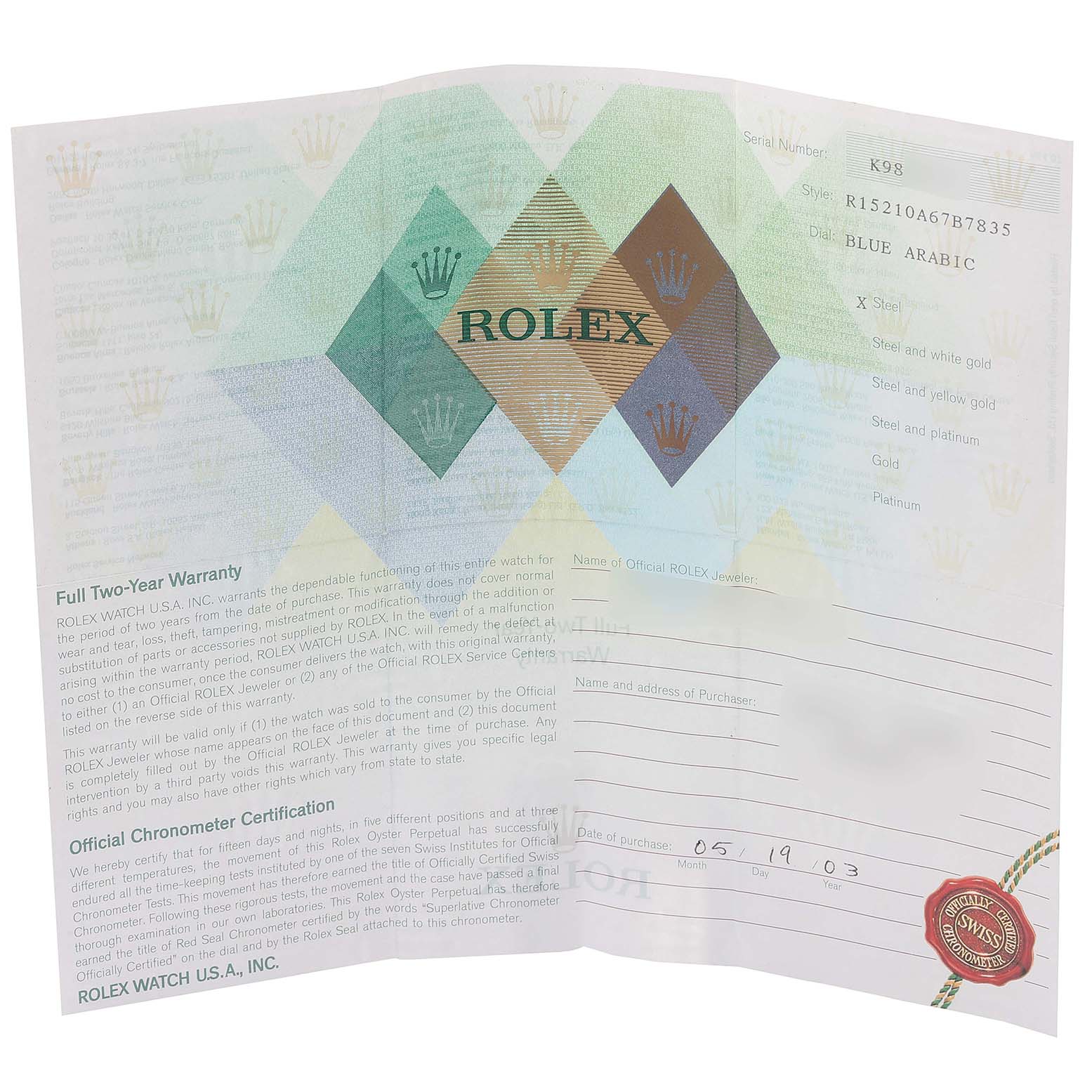 This image shows a warranty and certification document for a Rolex Date 15210 Men's Stainless Steel Blue Dial 15210 Men's Stainless Steel Blue Dial model watch.