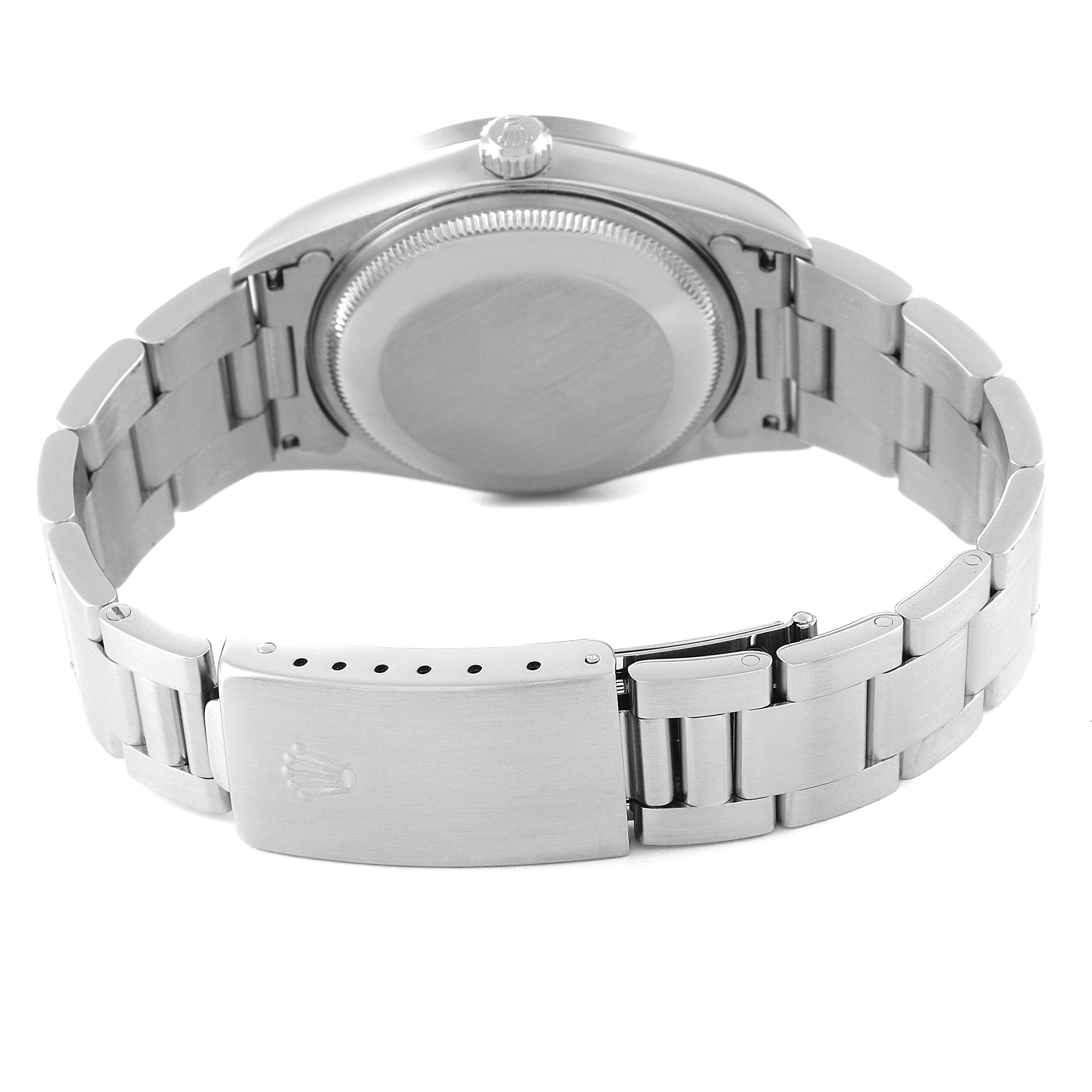 This image shows the back of the Rolex Date 15210 Men's Stainless Steel Blue Dial 15210 Men's Stainless Steel Blue Dial model watch, including the bracelet and clasp.