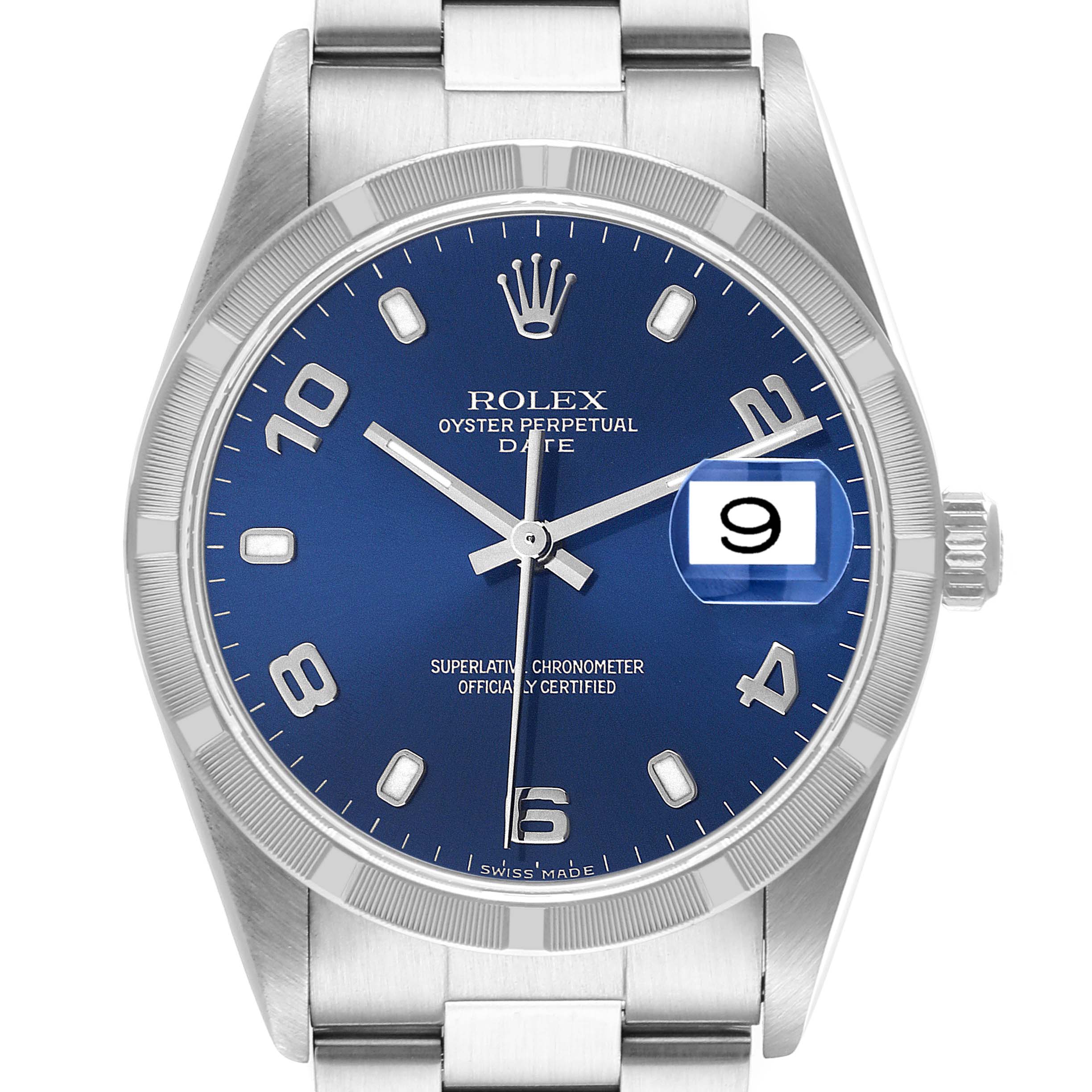 This image shows a front view of the Rolex Oyster Perpetual Date watch, displaying the blue dial, hour markers, and cyclops date magnifier.