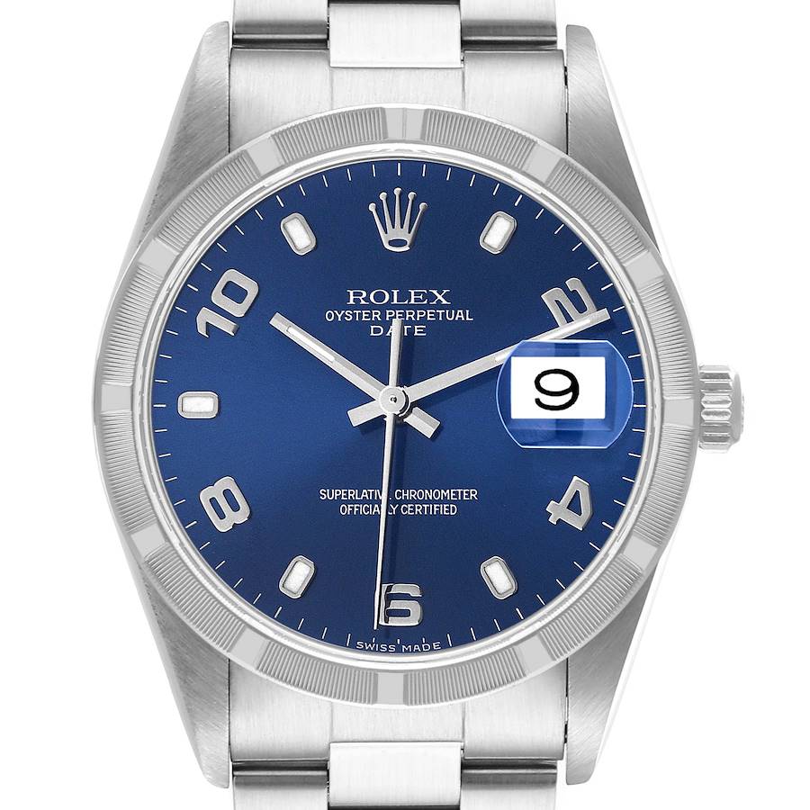 This image shows a front view of the Rolex Oyster Perpetual Date watch, displaying the blue dial, hour markers, and cyclops date magnifier.