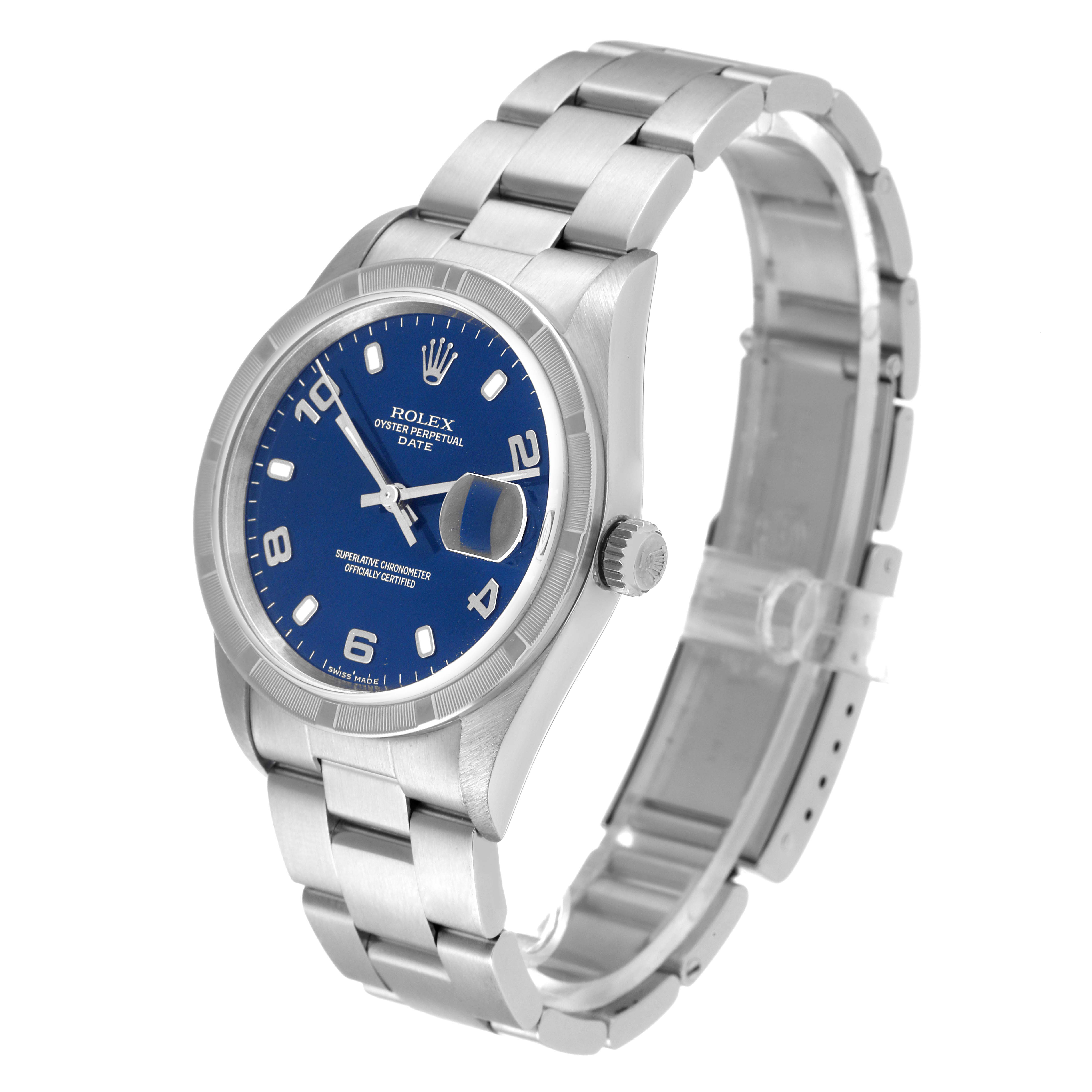 The image shows a side angle of the Rolex Date 15210 Men's Stainless Steel Blue Dial 15210 Men's Stainless Steel Blue Dial model, highlighting the blue dial, stainless steel bracelet, and crown.