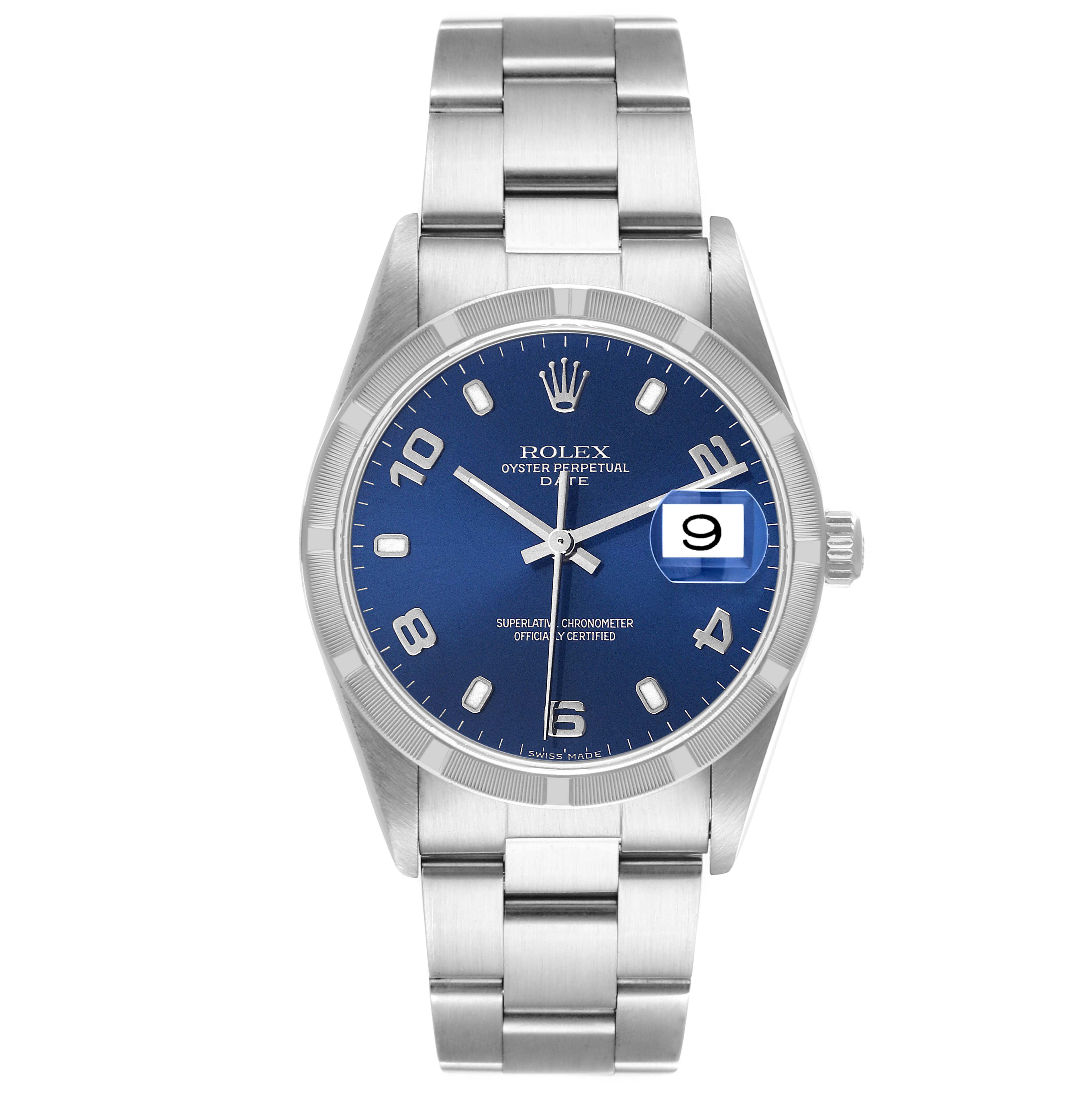 This image shows a Rolex Date 15210 Men's Stainless Steel Blue Dial 15210 Men's Stainless Steel Blue Dial model watch from a front angle, highlighting its blue dial, bracelet, and date display.