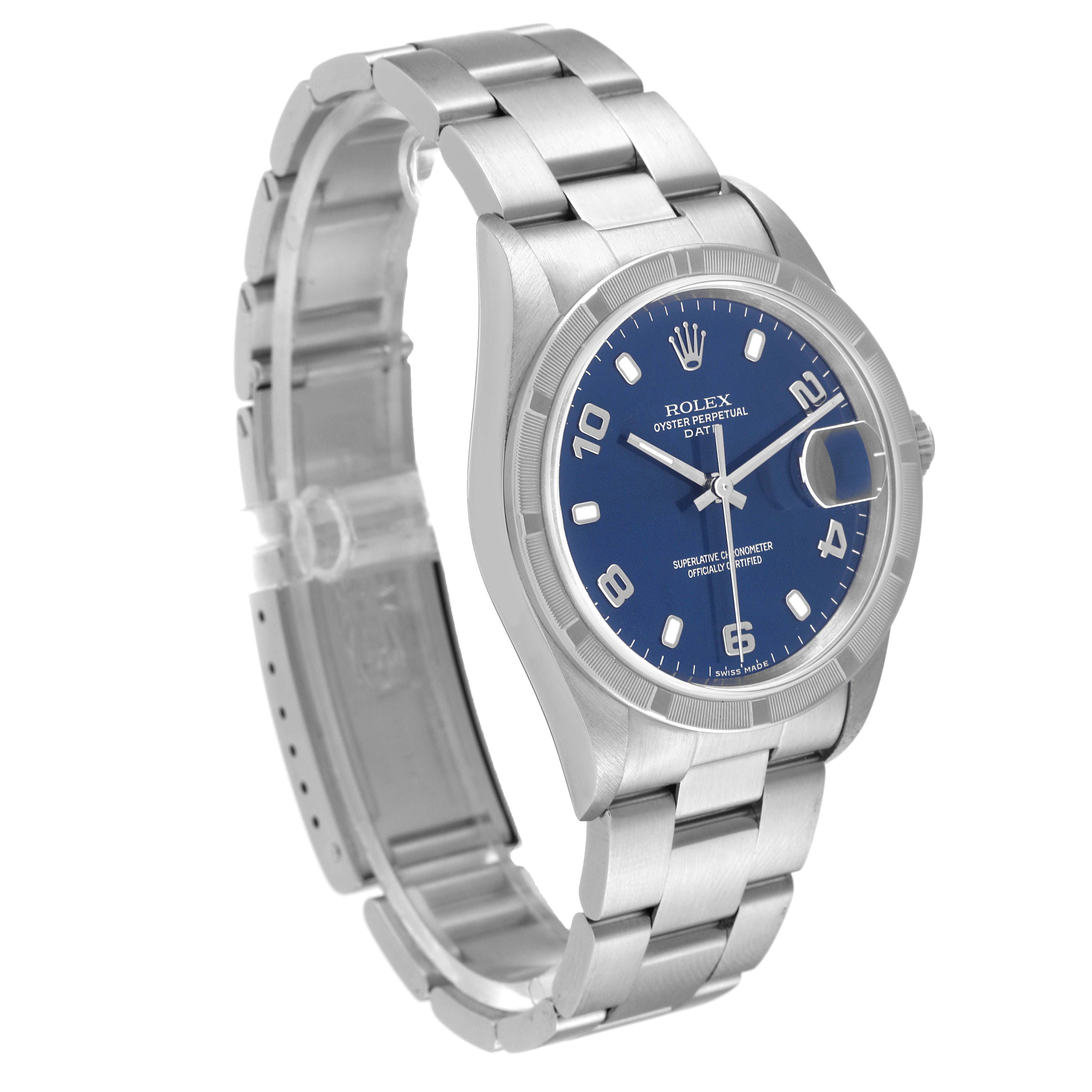 The image shows a Rolex Date 15210 Men's Stainless Steel Blue Dial 15210 Men's Stainless Steel Blue Dial watch at a three-quarter angle, highlighting the dial, bezel, and bracelet.