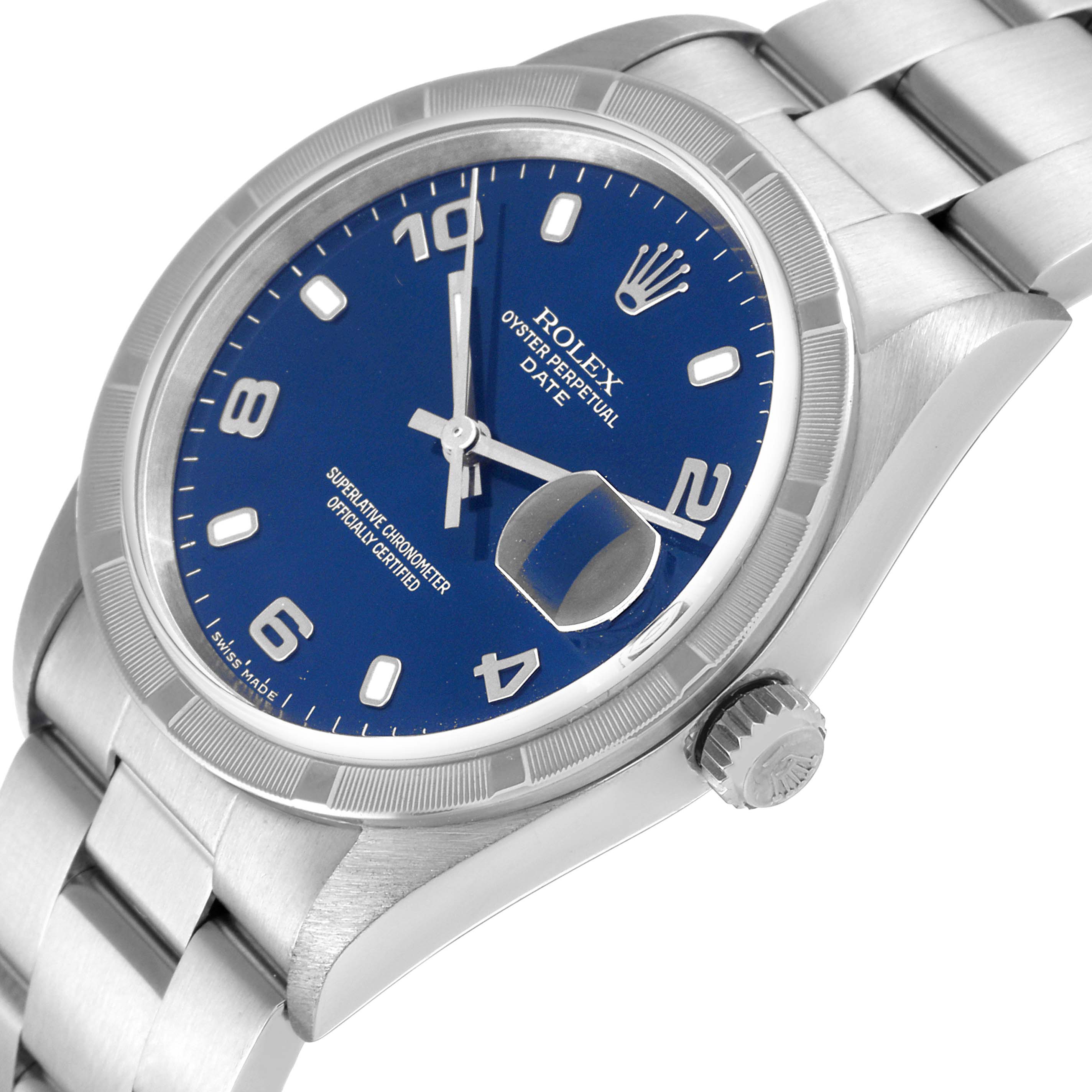 The image shows a Rolex Date 15210 Men's Stainless Steel Blue Dial 15210 Men's Stainless Steel Blue Dial model watch at an angle highlighting the blue dial, crown, and part of the bracelet.