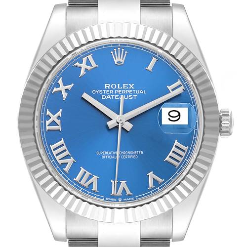 The image shows a front view of the Rolex Datejust 41 126334 Men's Stainless Steel Blue Dial 126334 Men's Stainless Steel Blue Dial watch, highlighting its blue dial, Roman numerals, fluted bezel, and date display.