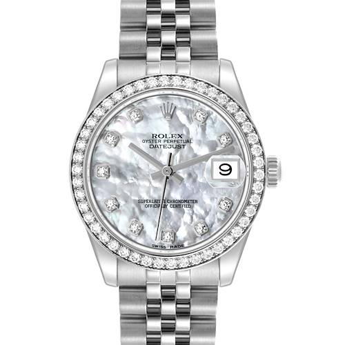 The Rolex Mid-Size 178384 Women's Stainless Steel Mother of Pearl Dial 178384 Women's Stainless Steel Mother of Pearl Dial watch is shown from the front, displaying its face, bejeweled bezel, and metal bracelet.