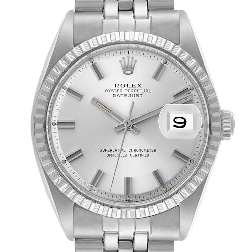 The image shows a frontal view of the Rolex Datejust 1603 Men's Stainless Steel Silver Dial 1603 Men's Stainless Steel Silver Dial watch, highlighting the dial, bezel, hands, and part of the bracelet.