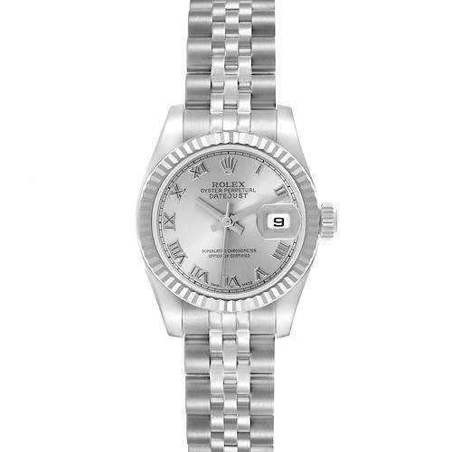 The Rolex Datejust 179174 Women's Stainless Steel Silver Dial 179174 Women's Stainless Steel Silver Dial watch is shown from a top view, featuring the dial, fluted bezel, and Jubilee bracelet.