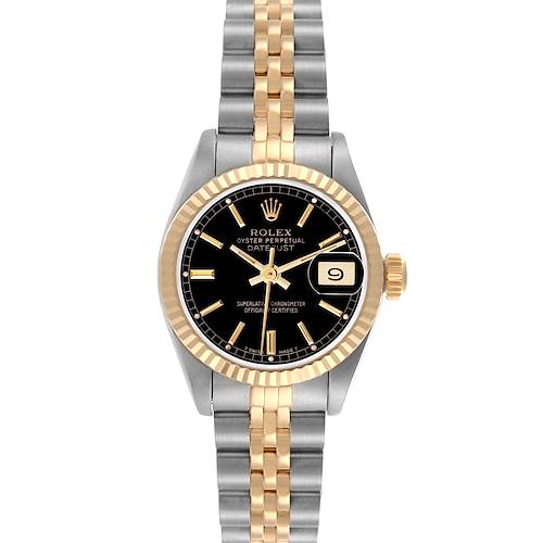 The Rolex Datejust 69173 Women's Steel and Gold (two tone) Black Dial 69173 Women's Steel and Gold (two tone) Black Dial watch is shown from a top-down angle, highlighting its dial, bezel, and bracelet.