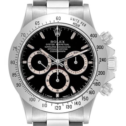 Front view of a Rolex Daytona 16520 Men's Stainless Steel Black Dial 16520 Men's Stainless Steel Black Dial watch showing the dial, bezel, chronograph subdials, and part of the bracelet.