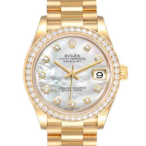 The image shows a front view of a Rolex President 278288 Women's Yellow Gold Mother of Pearl Dial 278288 Women's Yellow Gold Mother of Pearl Dial model watch, featuring a gold bracelet, diamond bezel, mother-of-pearl dial, and date display.