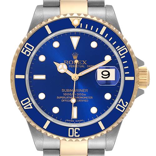 The image shows a frontal view of the Rolex Submariner 16613 Men's Steel and Gold (two tone) Blue Dial 16613 Men's Steel and Gold (two tone) Blue Dial watch, highlighting its blue dial, bezel, and the date magnifier.
