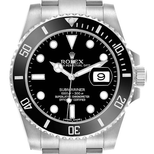 The Rolex Submariner 116610LN Men's Stainless Steel Black Dial 116610LN Men's Stainless Steel Black Dial watch is shown from a front view, displaying the dial, bezel, and part of the bracelet.