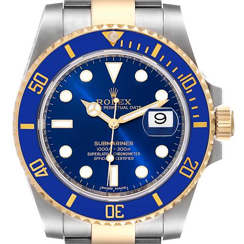 The Rolex Submariner 116613 Men's Steel and Gold (two tone) Blue Dial 116613 Men's Steel and Gold (two tone) Blue Dial is shown from the front, displaying the dial, bezel, crown, and part of the bracelet.