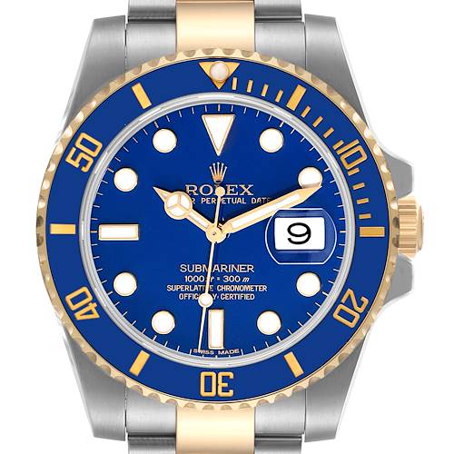 This image shows a front view of the Rolex Submariner 116613 Men's Steel and Gold (two tone) Blue Dial 116613 Men's Steel and Gold (two tone) Blue Dial watch, highlighting its blue dial, date display, and two-tone metal bracelet.