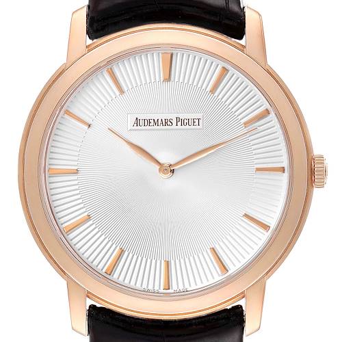 This image shows a front view of the Audemars Piguet Jules 15180OR.OO.A102CR.01 Men's Rose Gold Silver Dial 15180OR.OO.A102CR.01 Men's Rose Gold Silver Dial model watch, displaying its face, hands, and bezel.