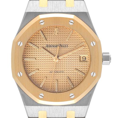 This image shows a front view of an Audemars Piguet Royal Oak 4790/789 Men's Steel and Gold (two tone) Champagne Dial 4790/789 Men's Steel and Gold (two tone) Champagne Dial watch, highlighting the octagonal bezel, dial, hands, and date window.