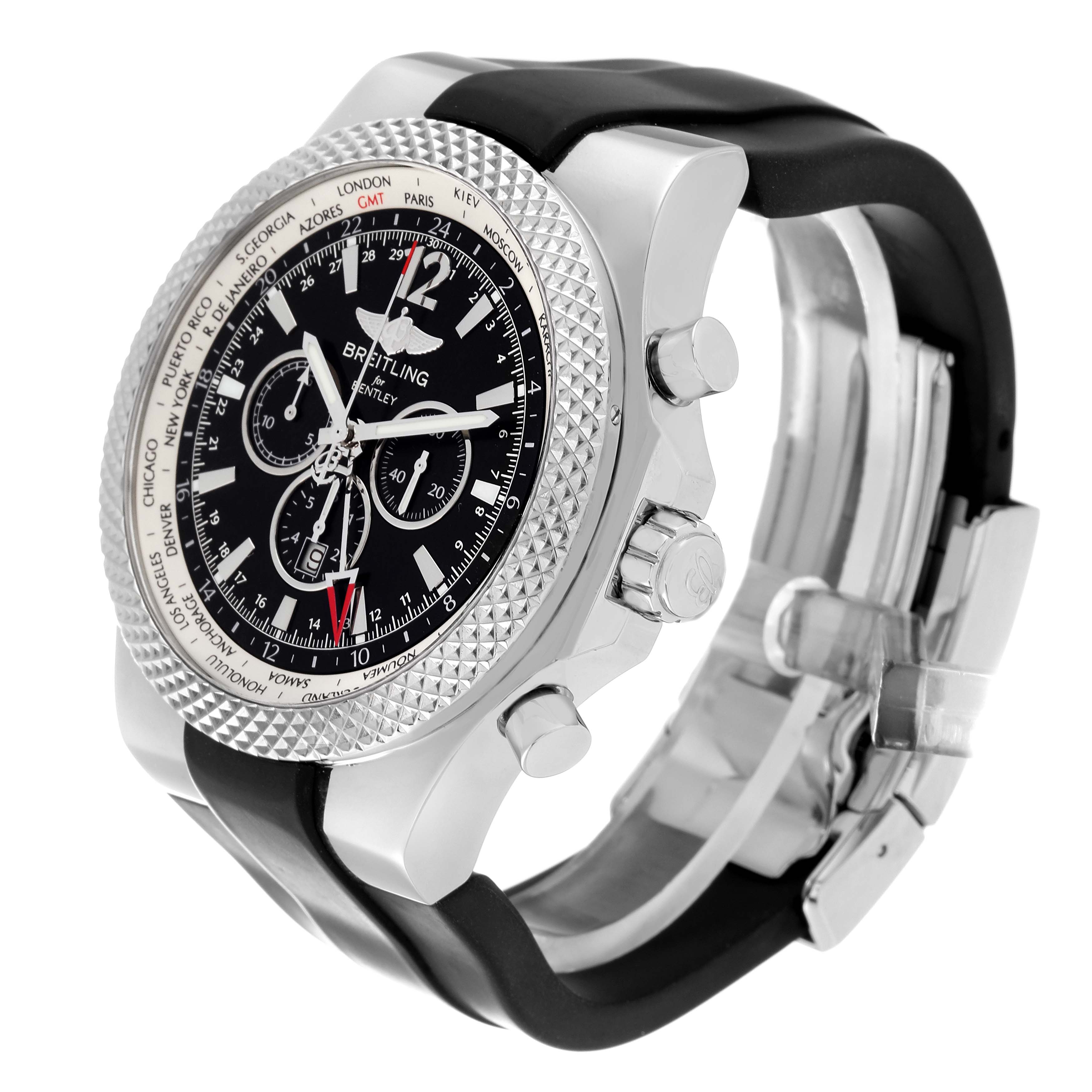 The image shows a side view of a Breitling Bentley A47362 Men's Stainless Steel Black Dial A47362 Men's Stainless Steel Black Dial watch, highlighting its bezel, dial, pushers, and strap.