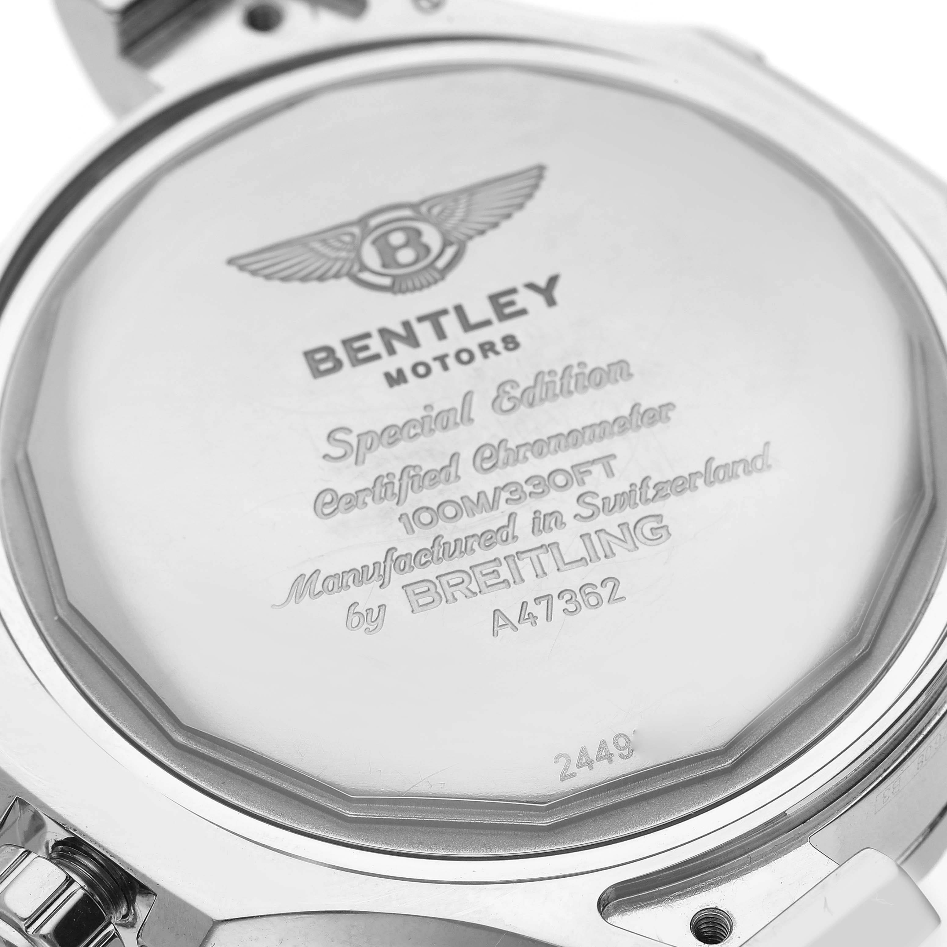 The image shows the backside of a Breitling Bentley A47362 Men's Stainless Steel Black Dial A47362 Men's Stainless Steel Black Dial watch, displaying its engravings and branding.