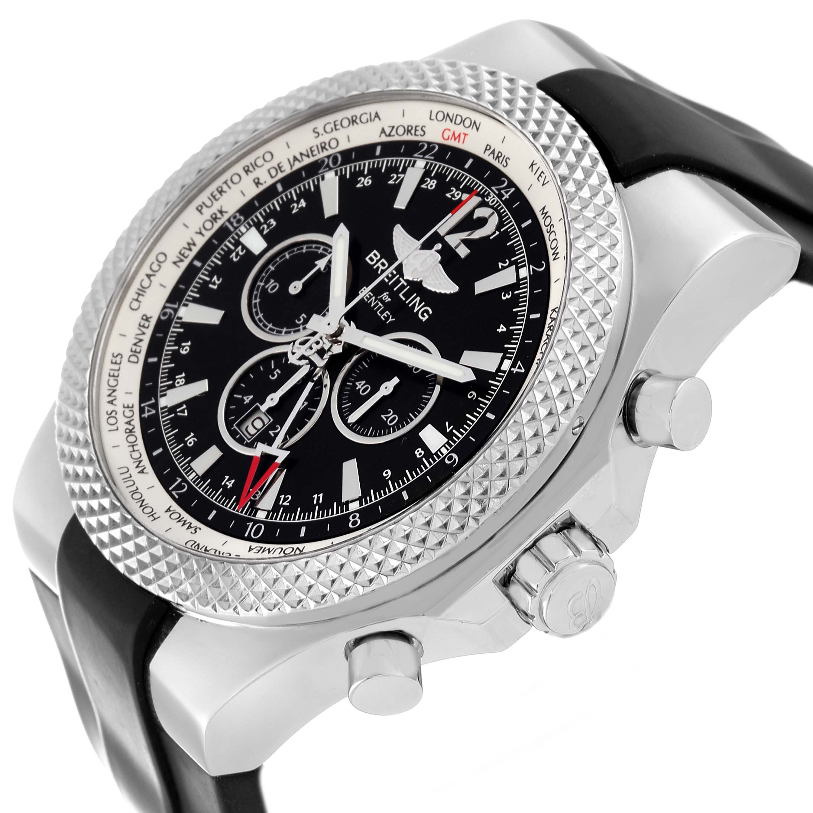 The Breitling Bentley A47362 Men's Stainless Steel Black Dial A47362 Men's Stainless Steel Black Dial model watch is shown from a three-quarter angle, displaying its bezel, dial, chronograph subdials, crown, and pushers.
