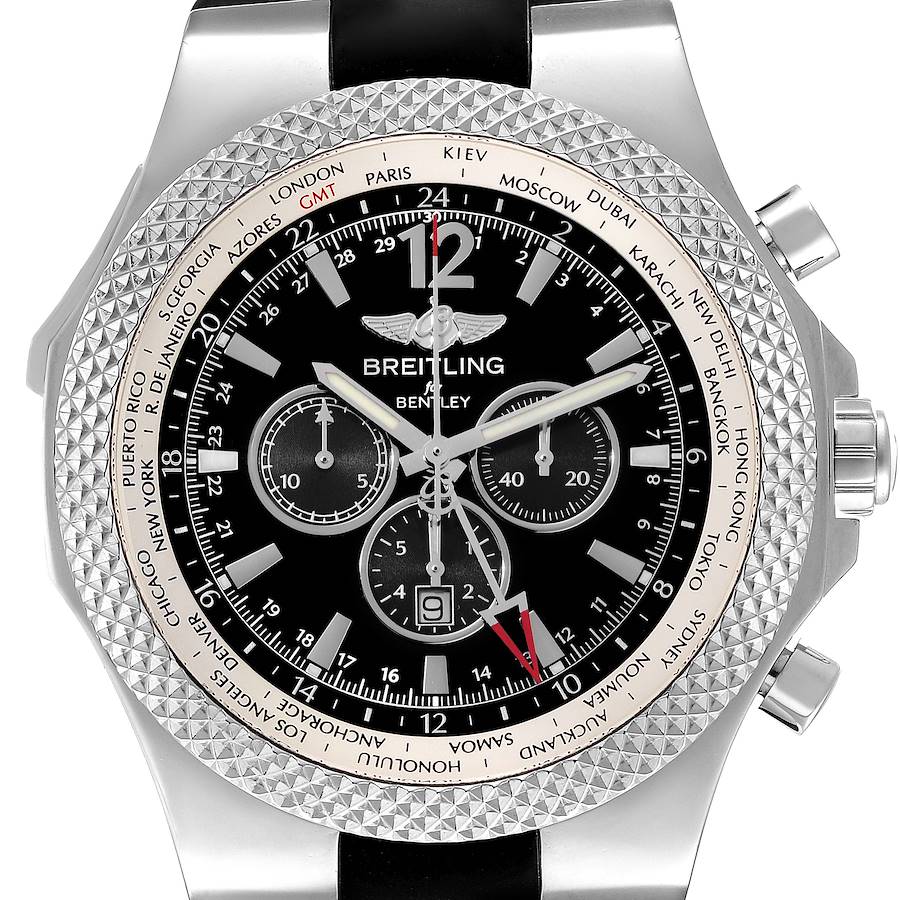 The image shows a frontal view of the Breitling Bentley A47362 Men's Stainless Steel Black Dial A47362 Men's Stainless Steel Black Dial watch, highlighting its bezel, dial, and chronograph sub-dials.