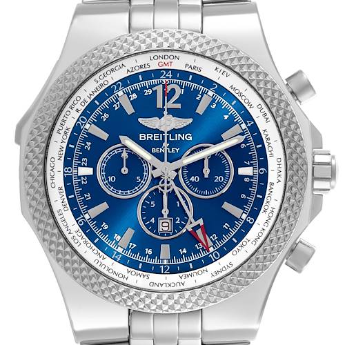 The Breitling Bentley A47362 Men's Stainless Steel Blue Dial A47362 Men's Stainless Steel Blue Dial watch is shown from a front angle, featuring a blue dial, silver bezel, and three subdials with a date display.