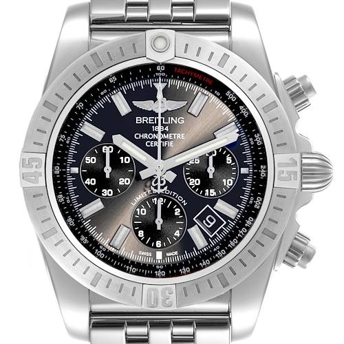 The image shows a front view of the Breitling Chronomat AB011511/F577 Men's Stainless Steel Grey Dial AB011511/F577 Men's Stainless Steel Grey Dial watch, highlighting the bezel, dial, subdials, and crown.