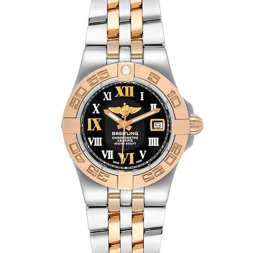 The Breitling C71340 Women's Steel and Gold (two tone) Black Dial C71340 Women's Steel and Gold (two tone) Black Dial Galactic 30 Steel Rose Gold Diamond Women's Watch C71340 is shown from the front, displaying its dial, bezel, and bracelet.