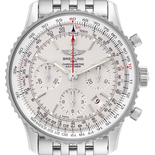The Breitling Navitimer AB0123 Men's Stainless Steel Silver Dial AB0123 Men's Stainless Steel Silver Dial watch is shown from the front, highlighting its face, dials, and bezel details.