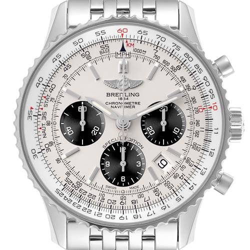 The Breitling Navitimer AB012012/G826 Men's Stainless Steel Silver Dial AB012012/G826 Men's Stainless Steel Silver Dial watch is shown from a front view, highlighting the dial, bezel, and pushers.