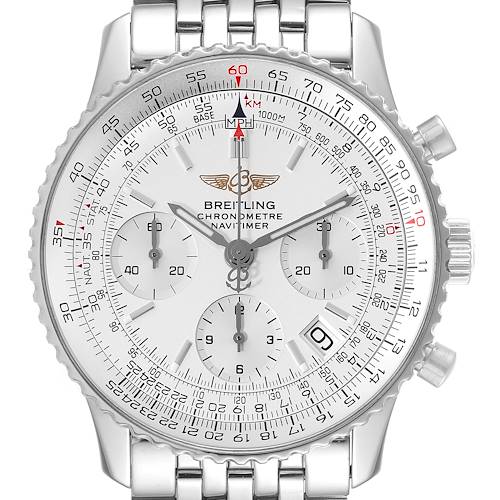 The image shows a close-up of a Breitling Navitimer A23322 Men's Stainless Steel Silver Dial A23322 Men's Stainless Steel Silver Dial watch, displaying its dial, chronograph sub-dials, and part of the metal bracelet.