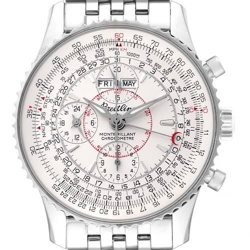 The image shows the front view of a Breitling Navitimer A21330 Men's Stainless Steel Silver Dial A21330 Men's Stainless Steel Silver Dial watch, displaying the dial, chronograph subdials, and part of the bracelet.
