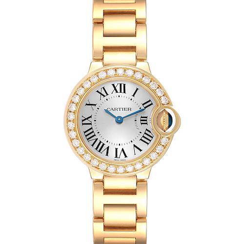 This is a head-on view of the Ballon Bleu model by Cartier, showing its round case, diamond bezel, and linked bracelet.