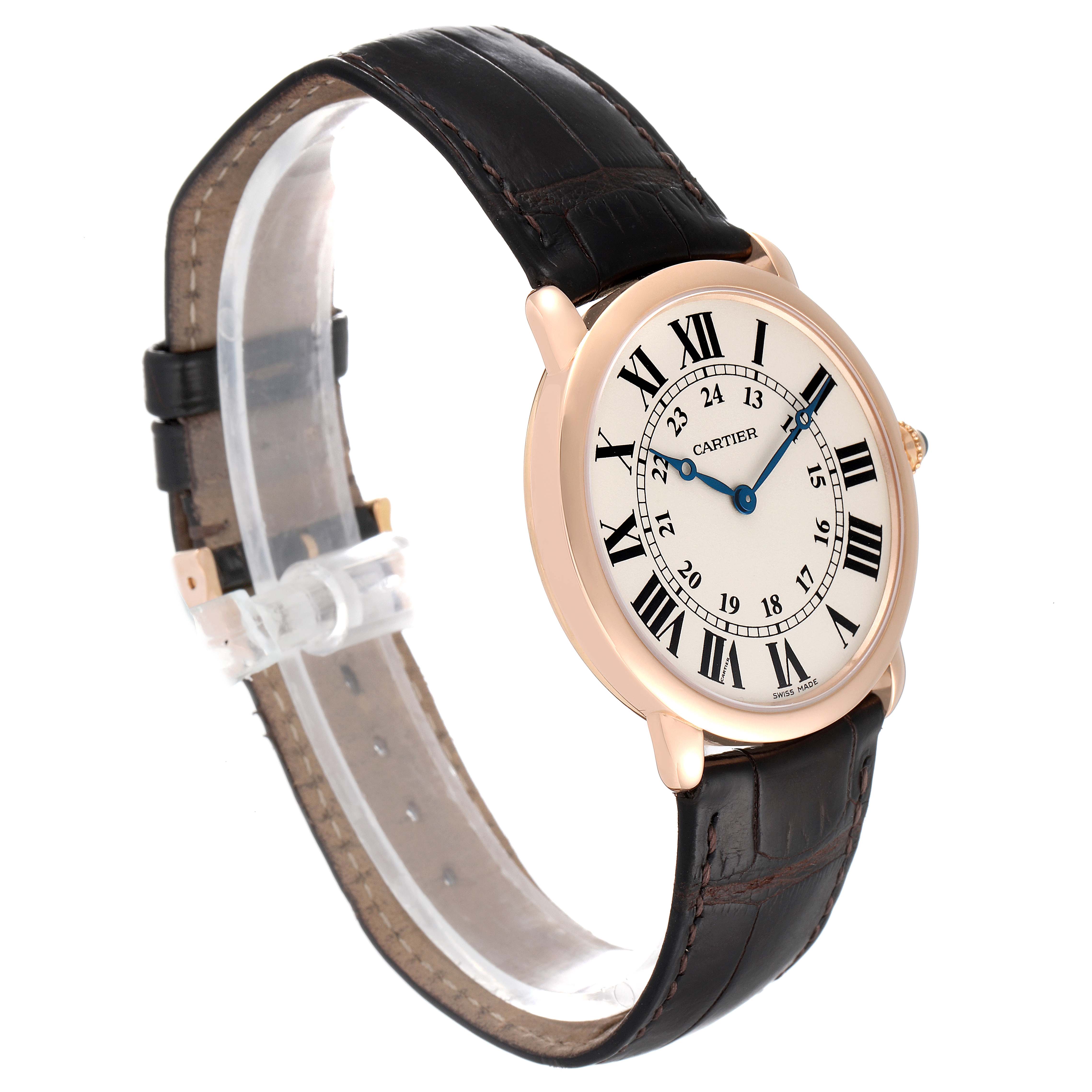The image shows a side-angle view of a Cartier Ronde W6800251 Men's Rose Gold Silver Dial W6800251 Men's Rose Gold Silver Dial watch, highlighting the face, Roman numerals, and leather strap.